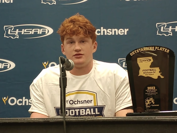 Oak Grove junior quarterback Jackson Bradley talks during the postgame press conference following the Tigers' Division IV non-select state title win Dec. 7, 2023.